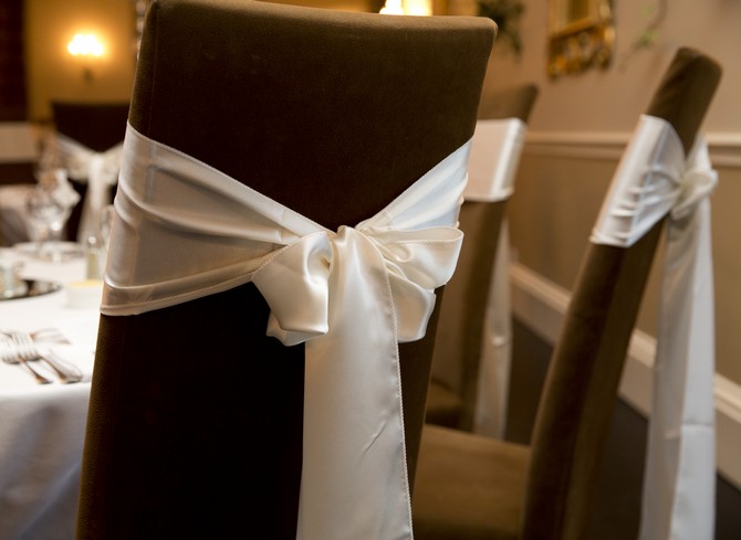brown white wedding theme chair sash